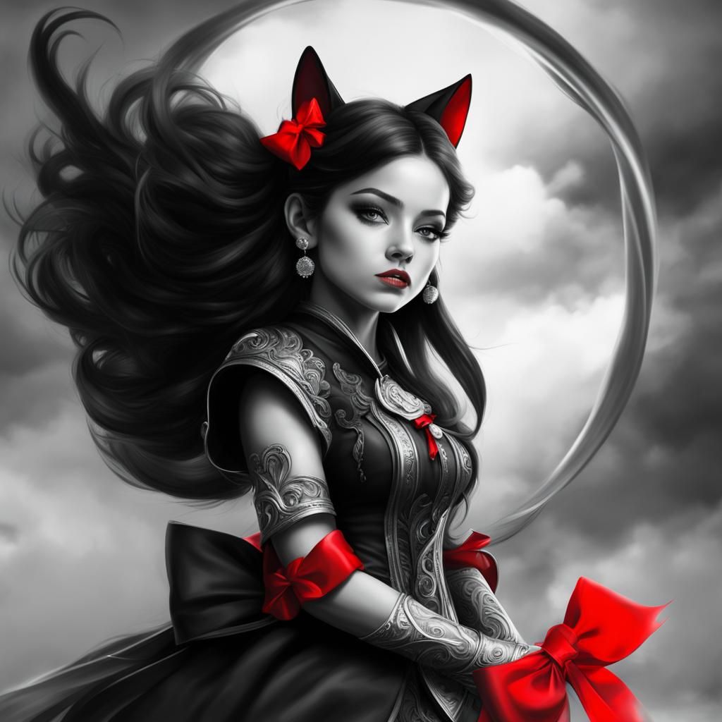 Red Bow with Flowing Ribbons in Grayscale Backdrop