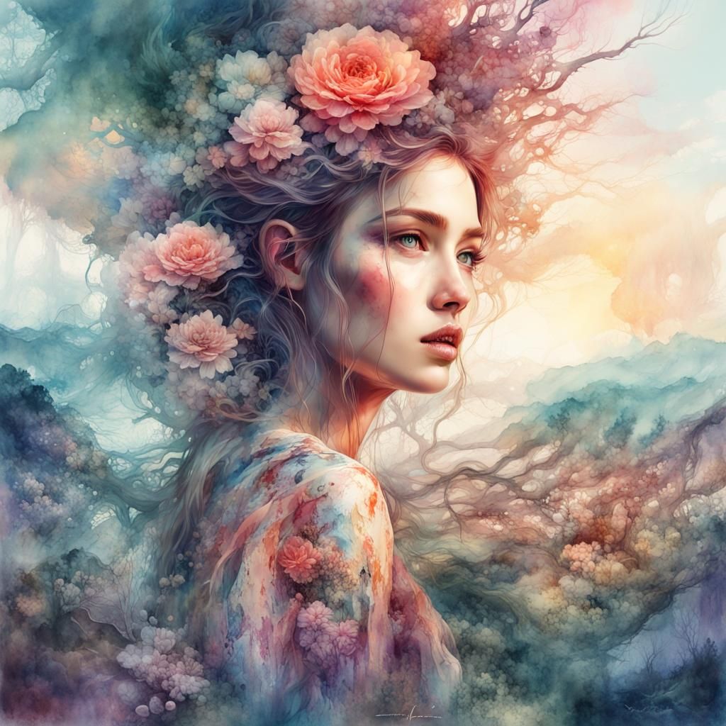 Fantasy Landscape Portrait in Watercolor Style