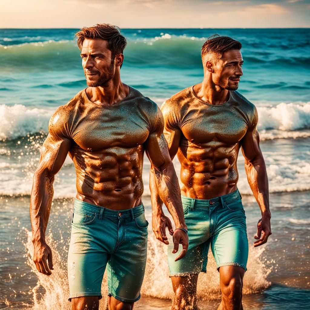 Hyperrealistic Men on Sunny Beach in Splash Art
