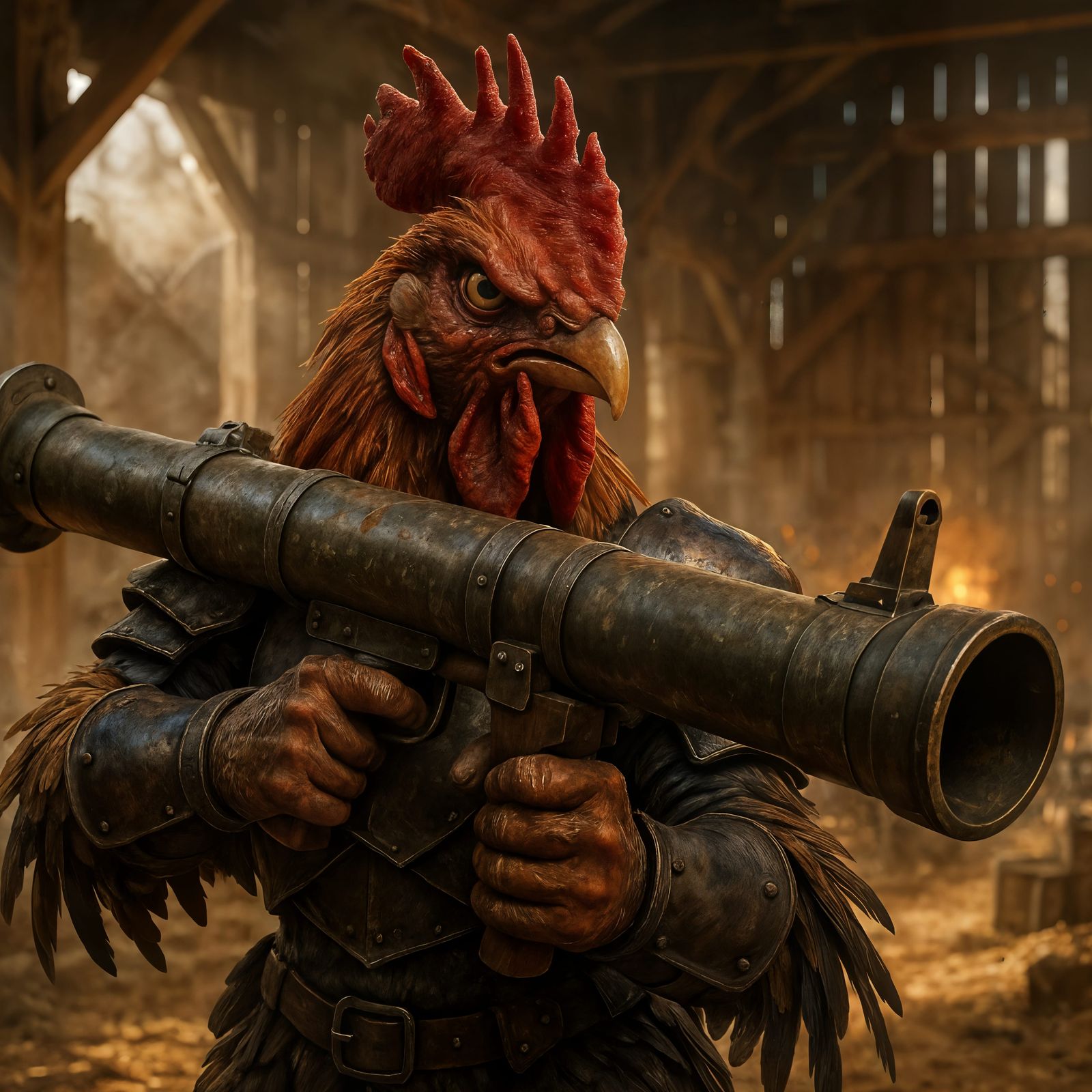 Warrior Rooster with Bazooka in Barn Battlefield