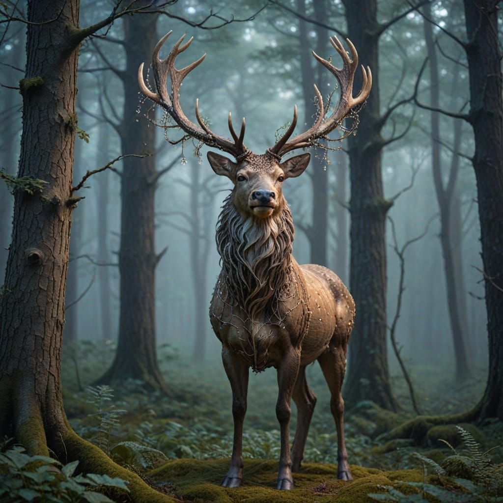 Majestic Stag With Constellation Antlers in Enchanted Forest