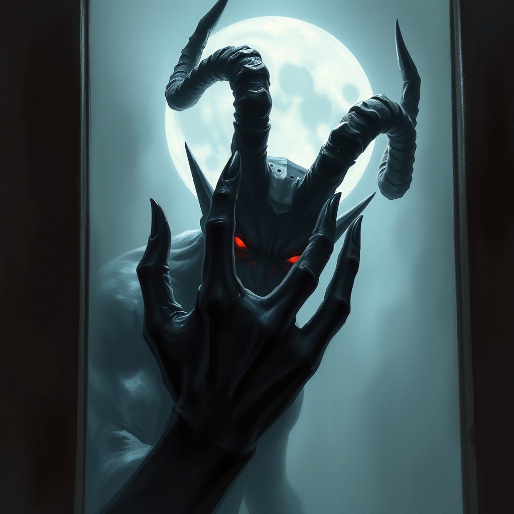 Dark Demon Pressed Against Moonlit Window