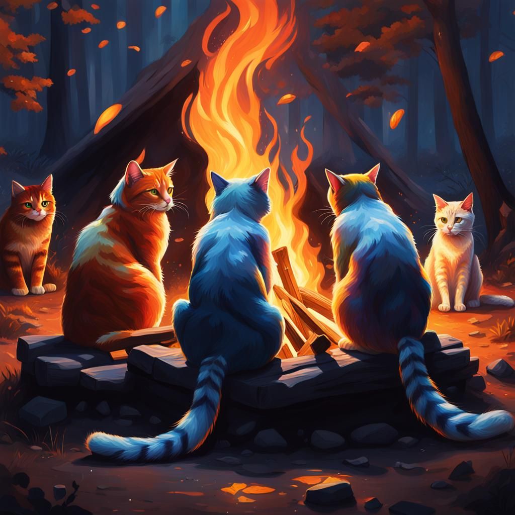 Hyperrealistic Cats Around Campfire Splash Art