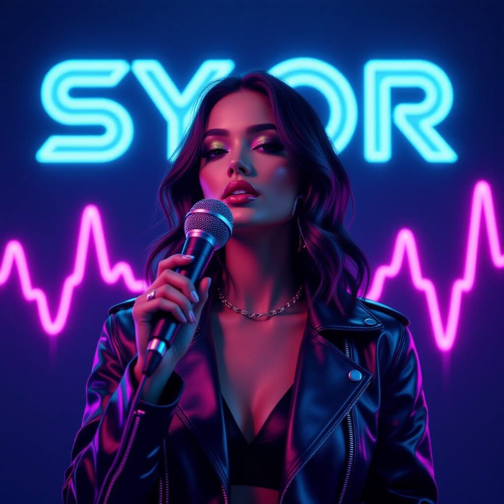 Futuristic Singer with Neon Soundwaves in Cyberpunk Style