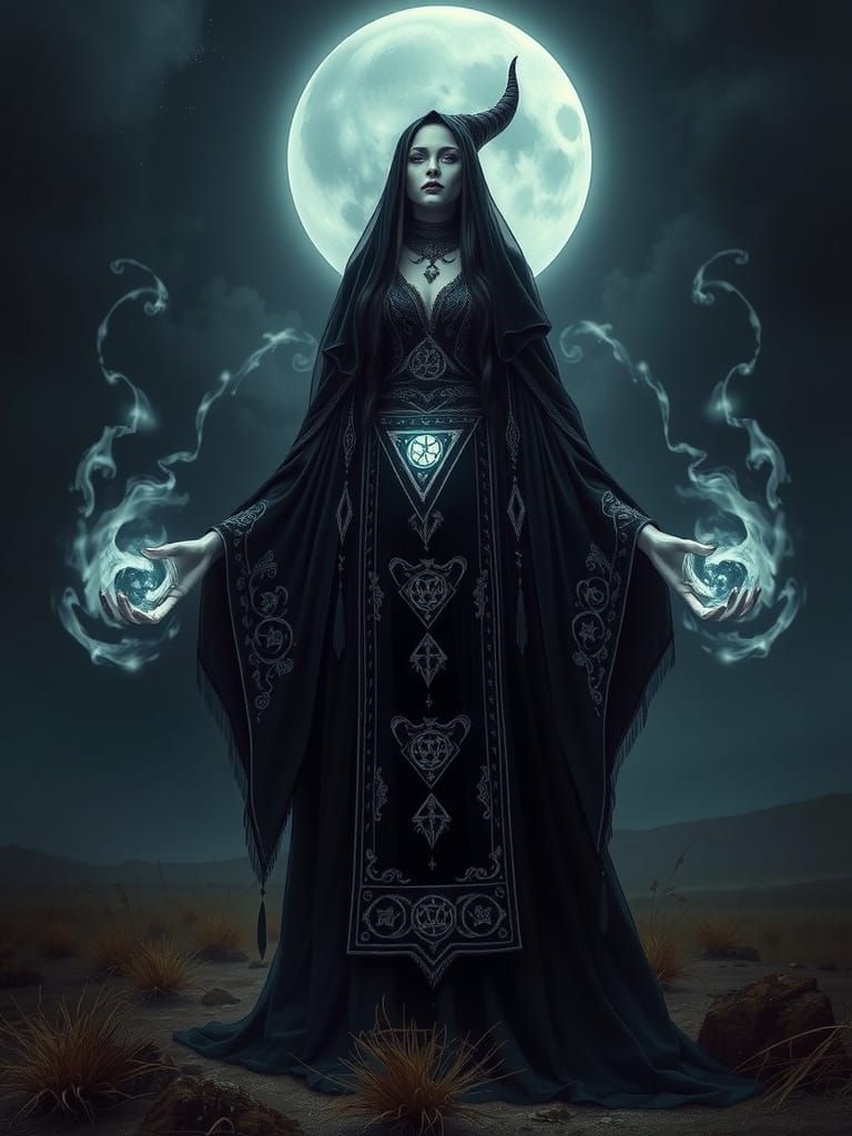 Gothic Witch Conjures Magic on Moonlit Moor