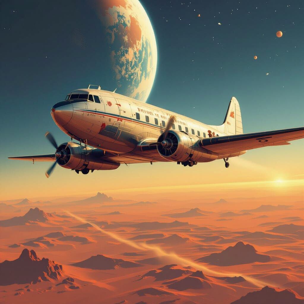 Retro Airliner Soaring to Mars in Art Deco Style