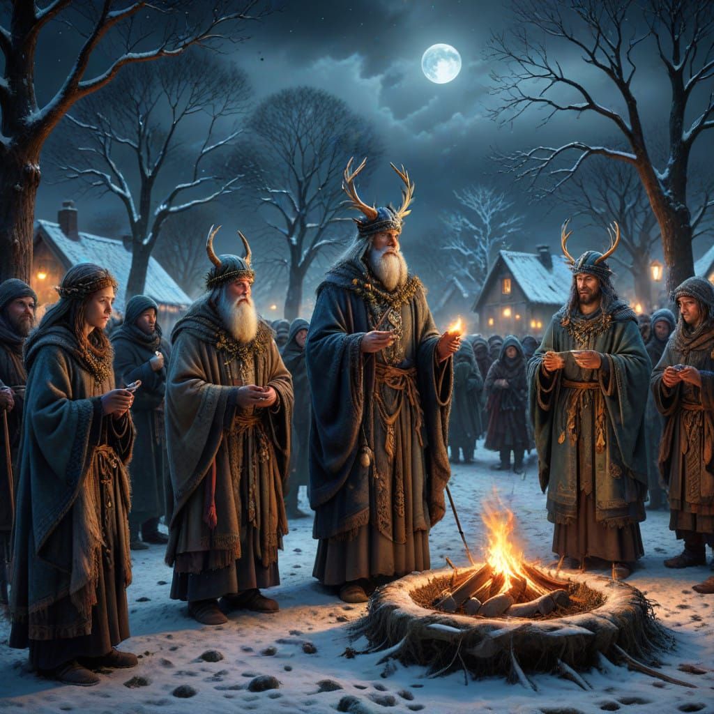 Winter Solstice Pagan Celebration in Vibrant Pop Impressioni...