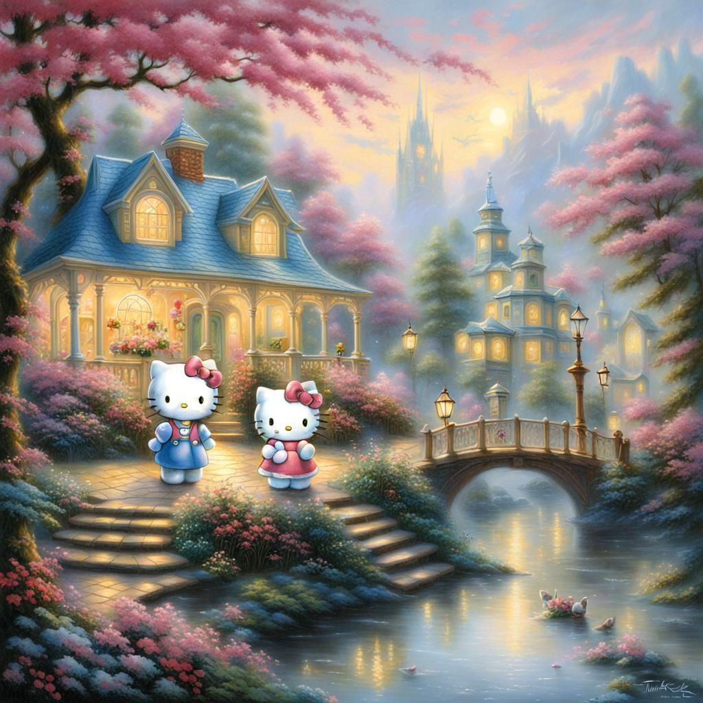 Ethereal Hello Kitty in a Thomas Kinkade Style