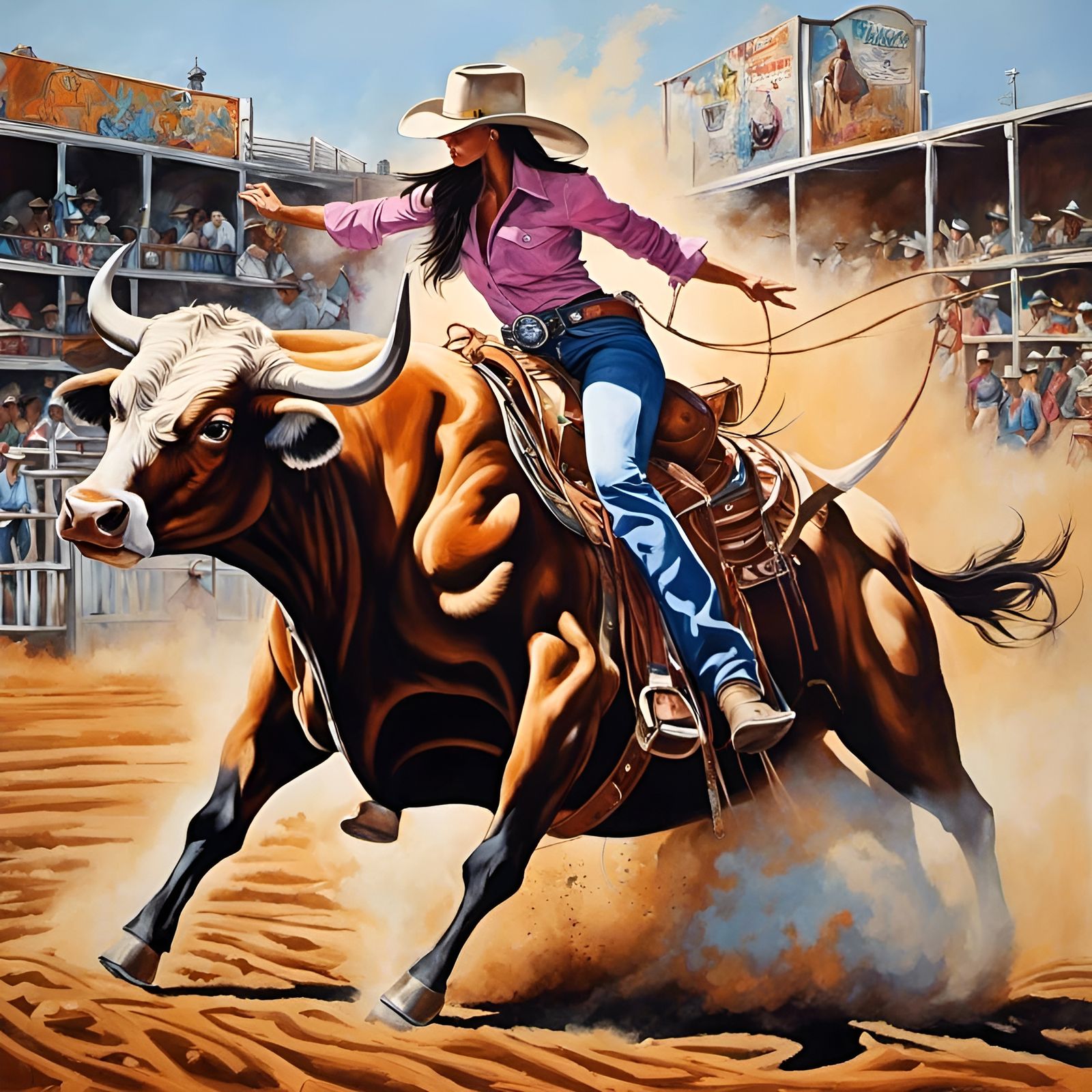 Cowgirl Bull Riding in Graffiti Art Style