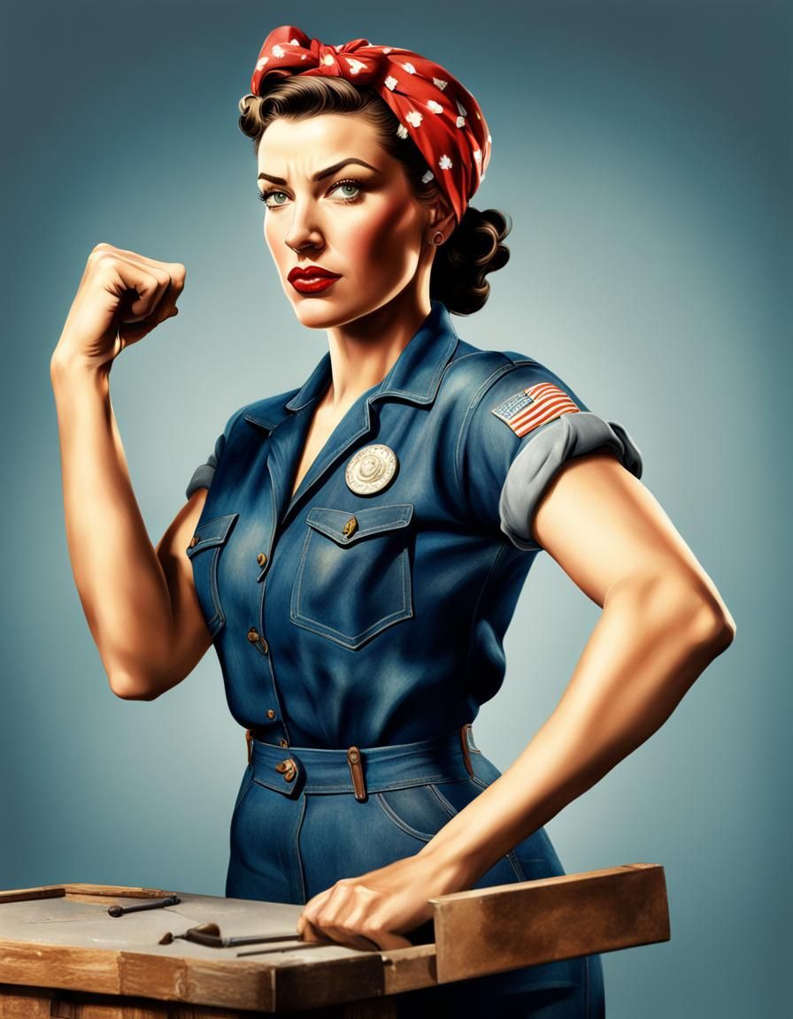 Hyperrealistic Rosie the Riveter in 1940s Style
