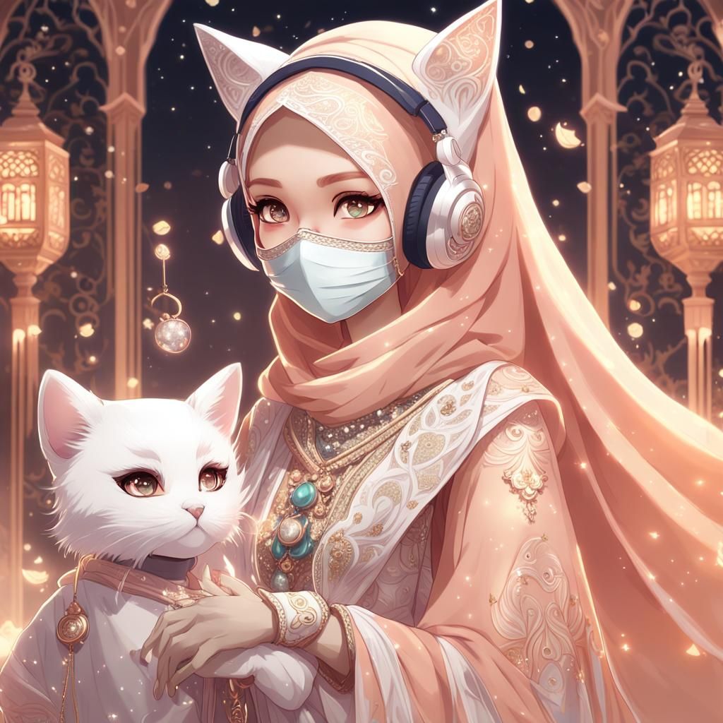 Cute girl, with cat earphone, white mask, long beautifull hi...