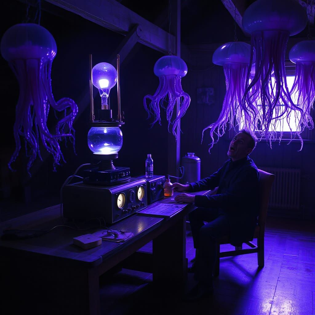 Eerie 1920s Attic Laboratory Scene in Violet Light