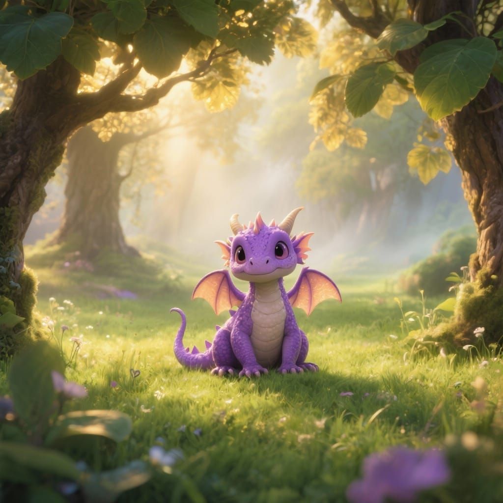 Baby Purple Dragon in Lush Meadow, Luminous Style