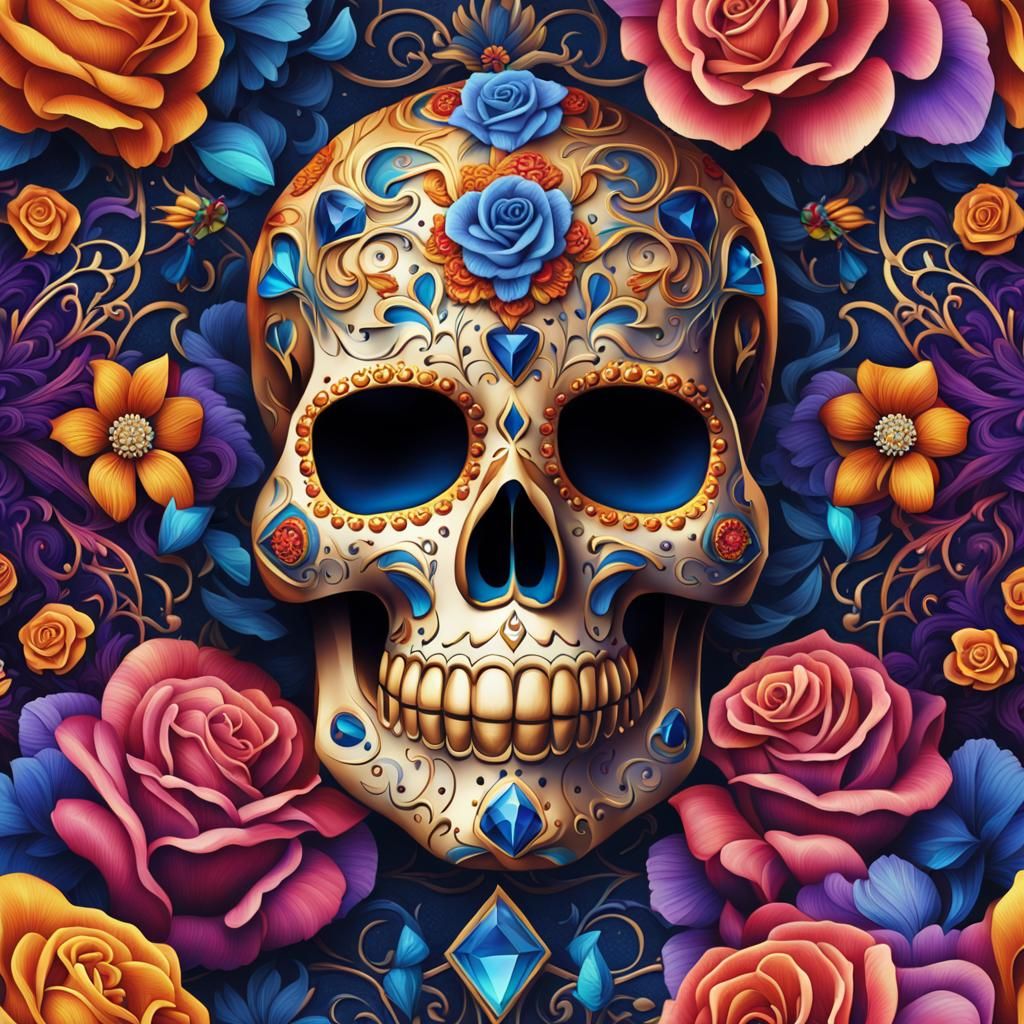 Vibrant Sugar Skull in Traditional Day of the Dead Style