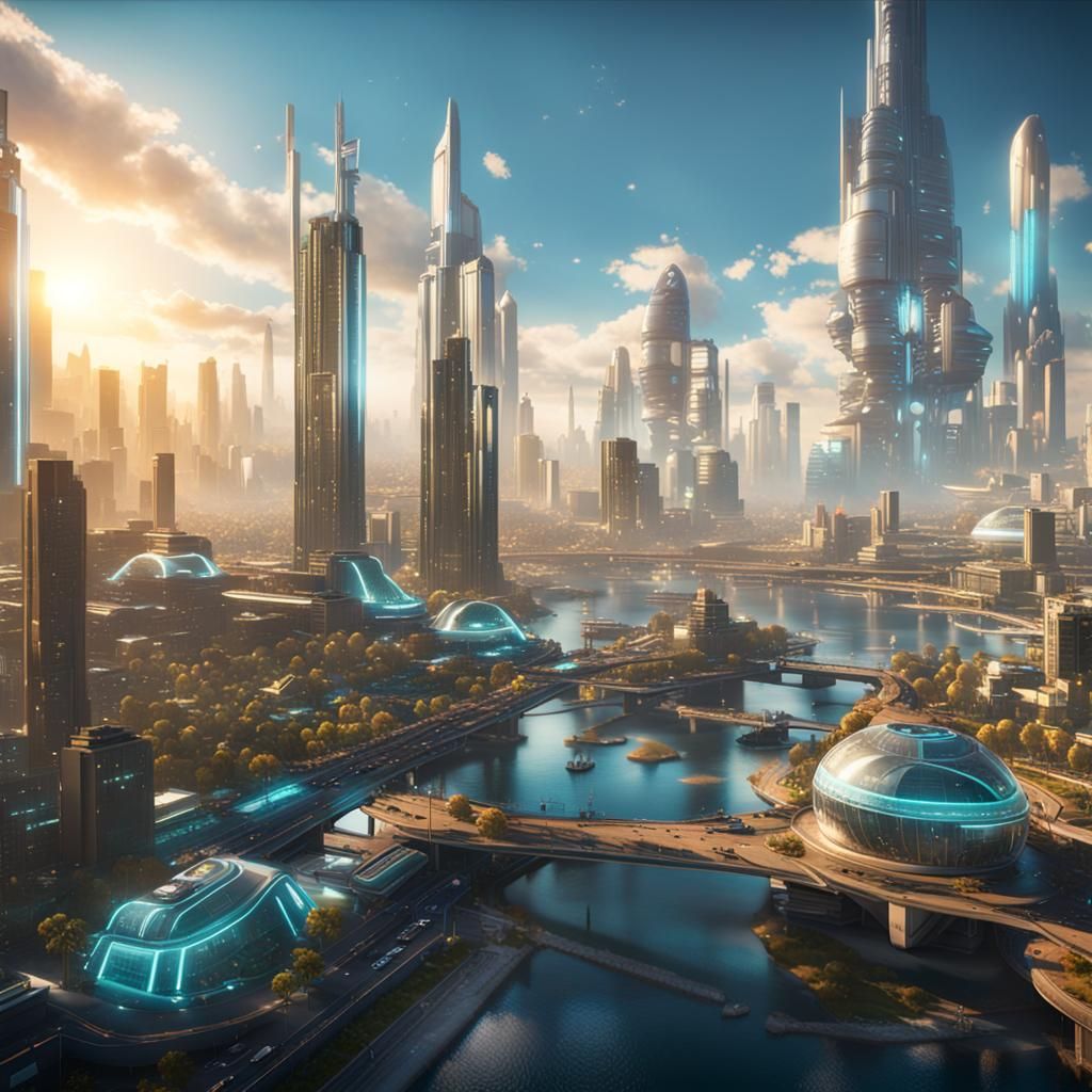 Futuristic Cityscape at Dawn: 3D Game Cinematic
