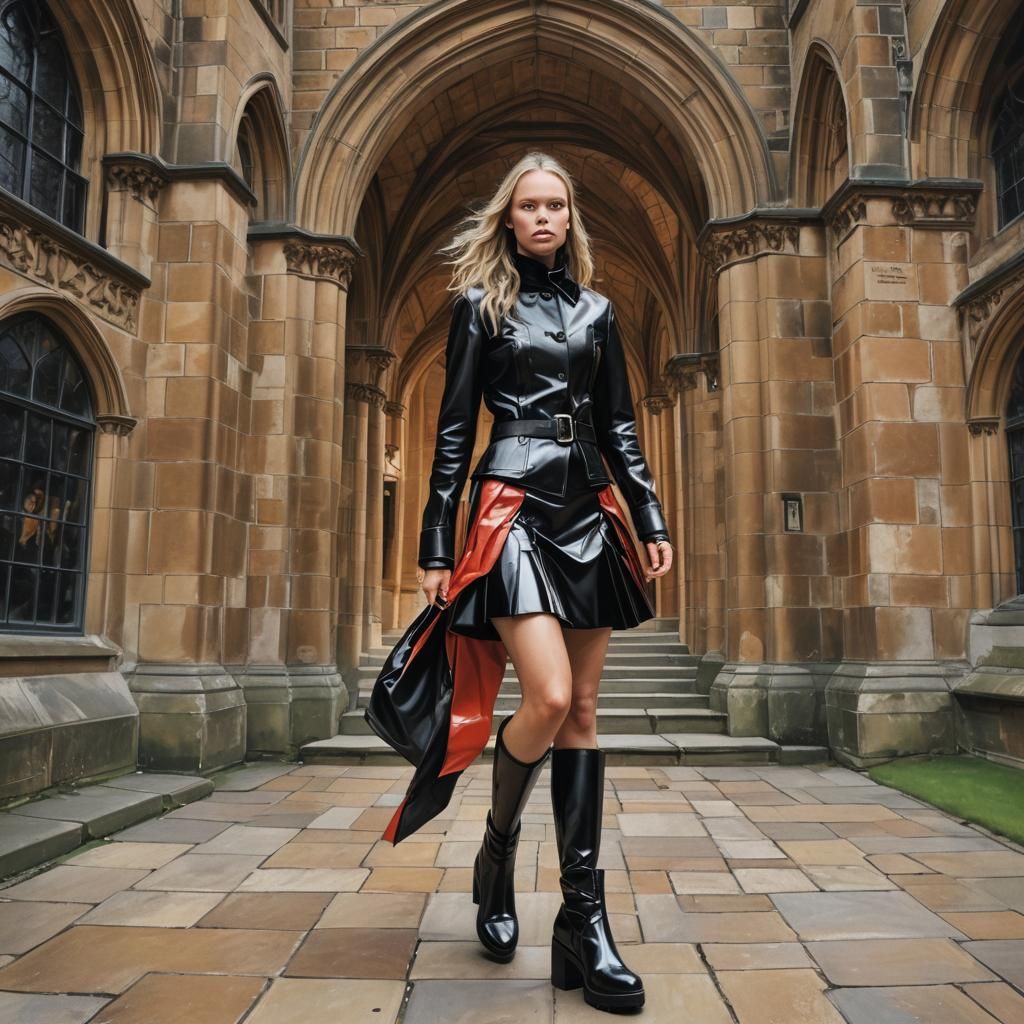 Woman in PVC Skirt Walking Through Oxford College