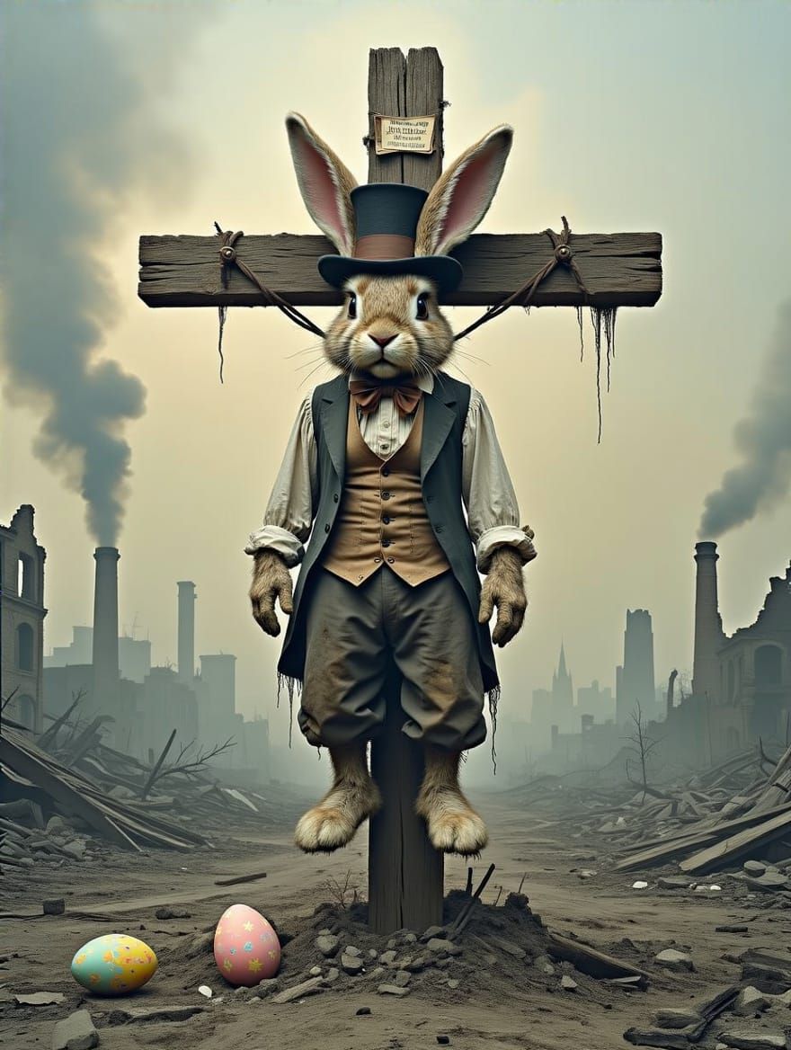 Easter Bunny Crucified in Desolate Post-Apocalyptic Landscap...