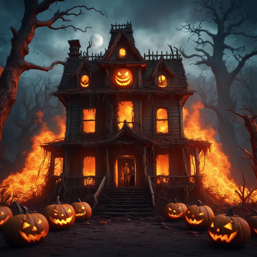 Burning Jack-O-Lantern Haunted House Fantasy Art