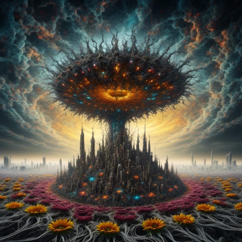 Surreal Landscape with Elastic Flora and Distorted Shadows