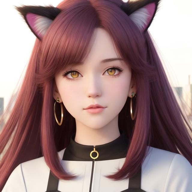 Anime Neko Girl in Cityscape: Hyperrealistic Digital Art