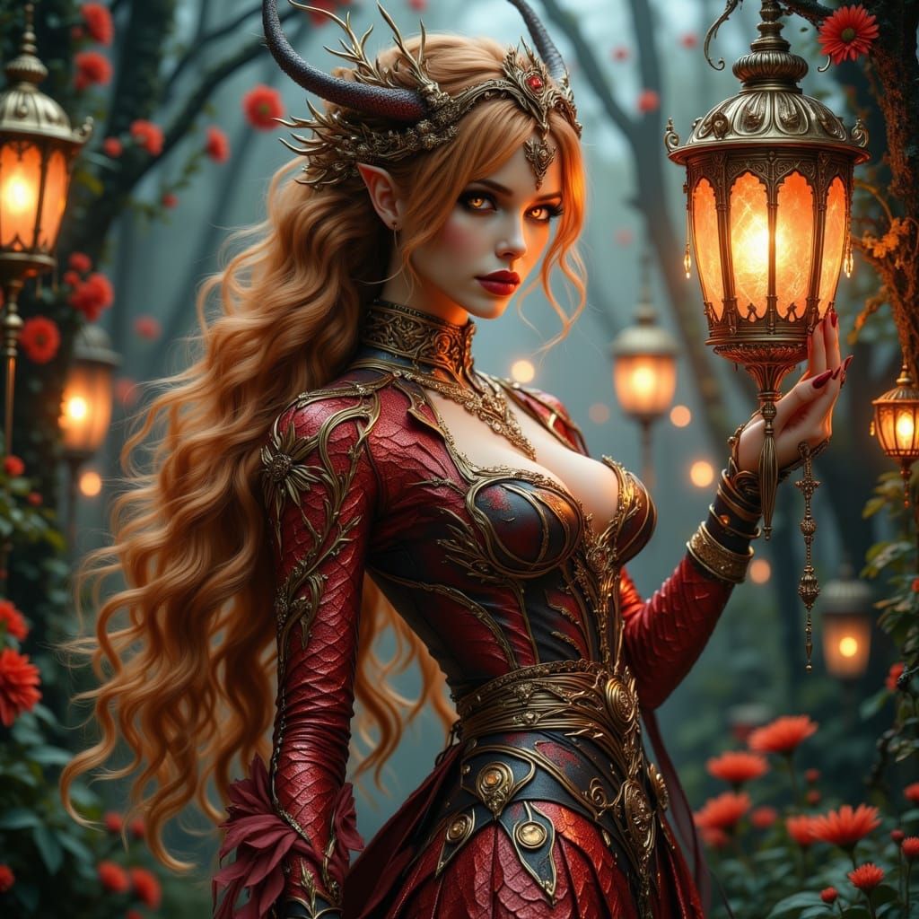 Dragon Woman Dances in Steampunk Forest
