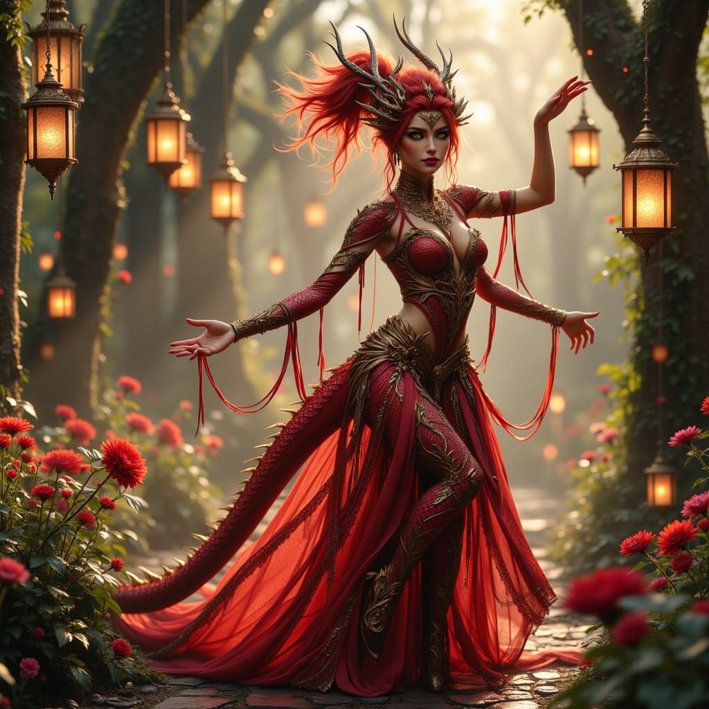 Dragon Woman Dances in Enchanted Steampunk Forest