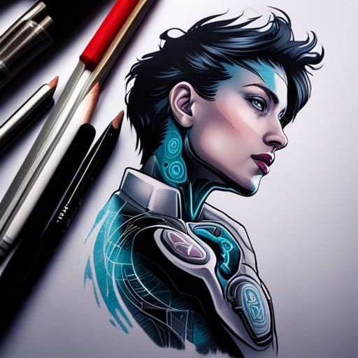 Androgynous Cyberpunk Cyborg Portrait with Tattoos