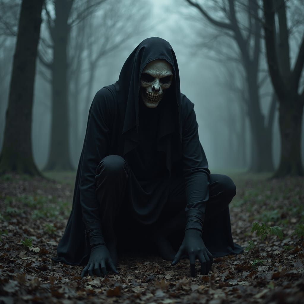 Creepy Black Figure in Dark Forest with White Eyes