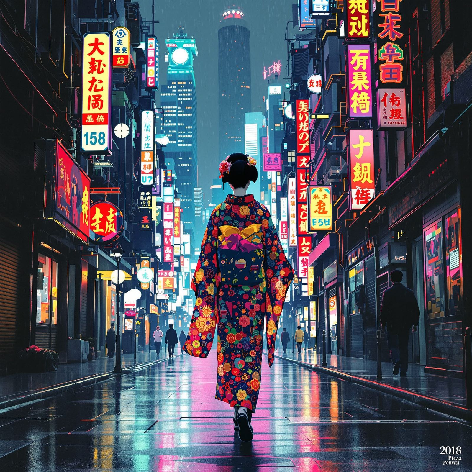 Geisha in Neon Tokyo Alleyway, Psychedelic Cel-Shaded Art