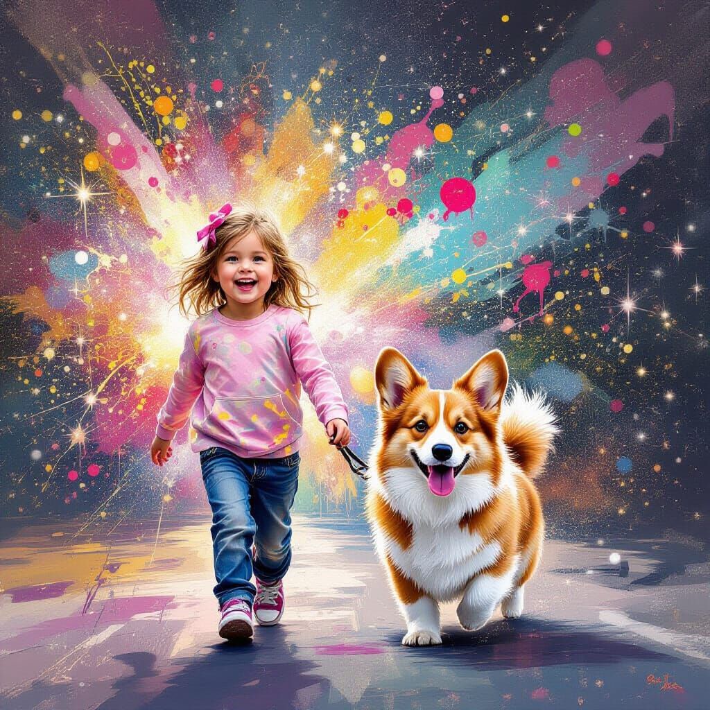 Girl and Corgi in Vibrant Sparkling Graffiti Art Scene