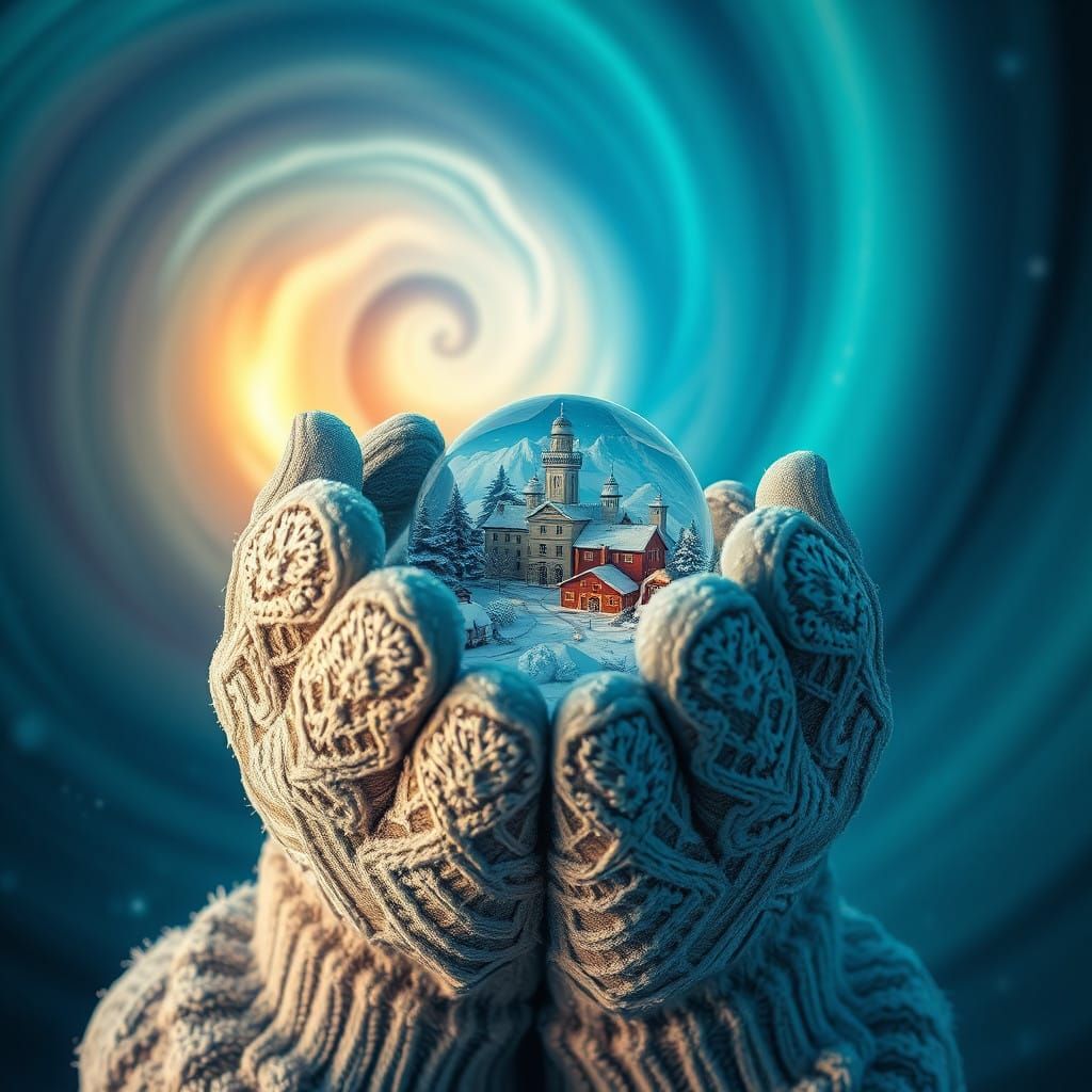 Woman's Hands Hold Frosty Snow Globe Town