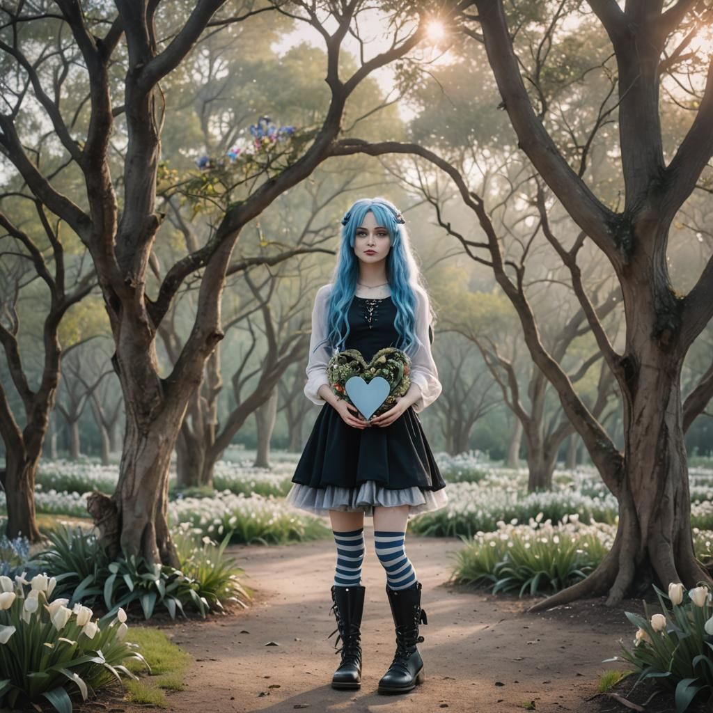 Girl with Heart in Dreamy Lily Landscape