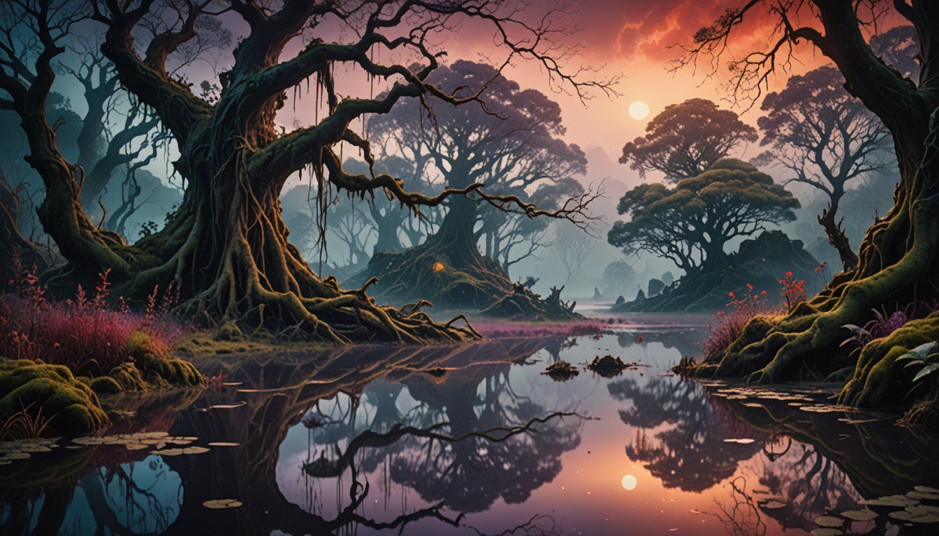 Mystical Pond in Rainstorm, Romantic Landscape with Ancient...