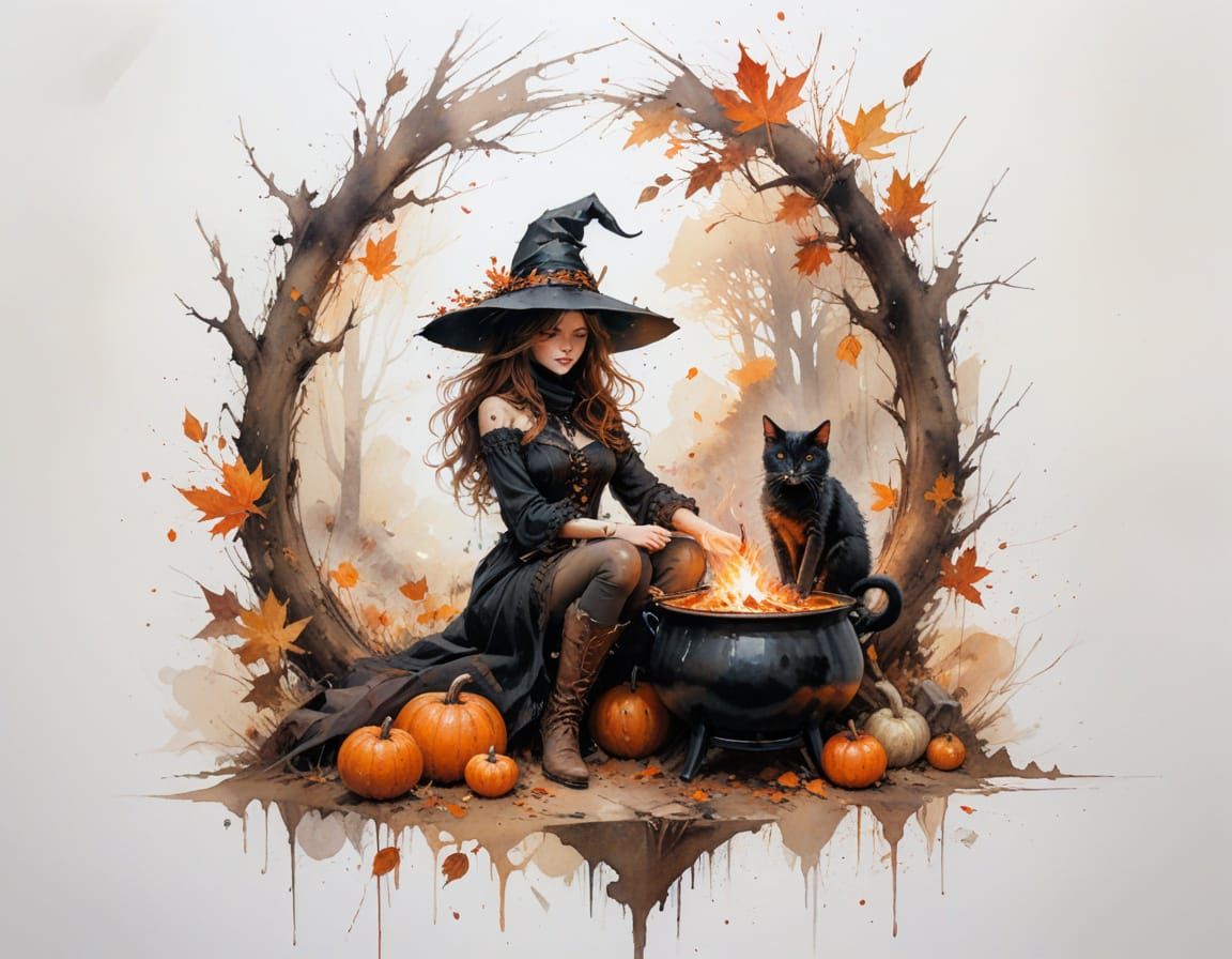 Whimsical Witch in Autumn Forest with Glowing Cauldron