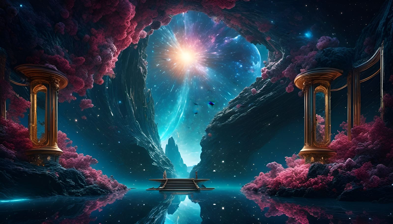 <lora:eye:1.0> ( an open door at the end of a dark hall with a view of a galactic paradise) ethereal, pristine, esoteric...