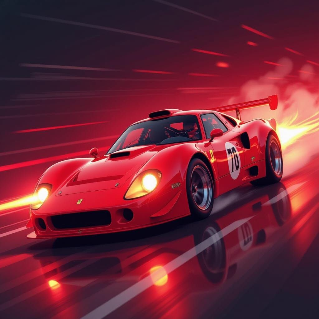 Red Neon Race Car in Historical Illustration Style