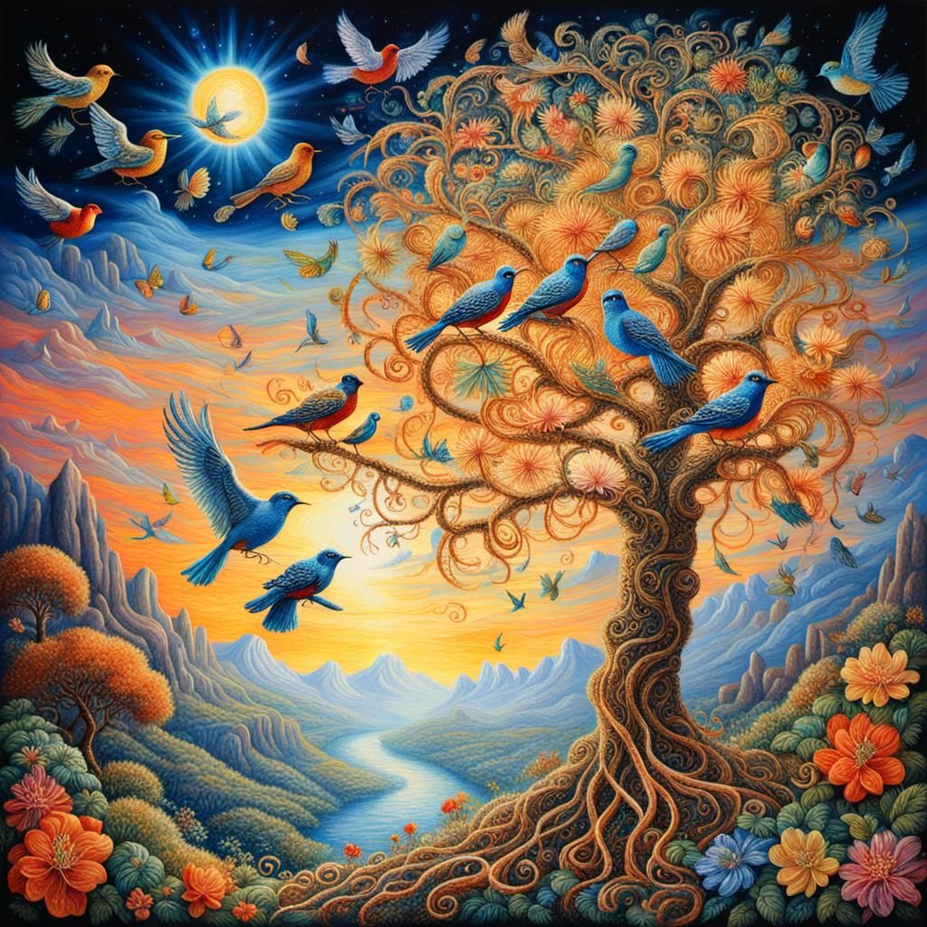 Magical Spaghetti Tree with Birds in Needlepoint Style