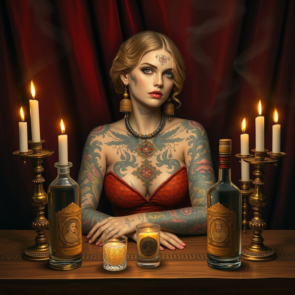Mystical Russian Maiden with Slavic Tattoos and Vodka