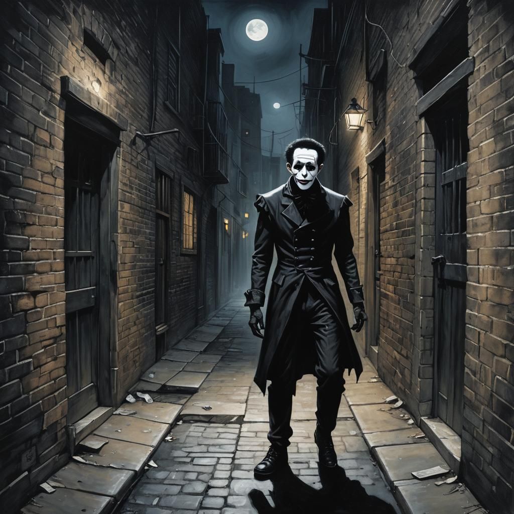 Evil Mime in Dark Alleyway, Gothic Illustration