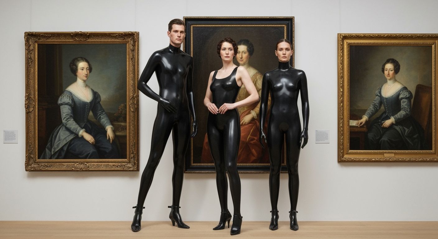 Couple in Latex Poses in Ancestral Art Gallery