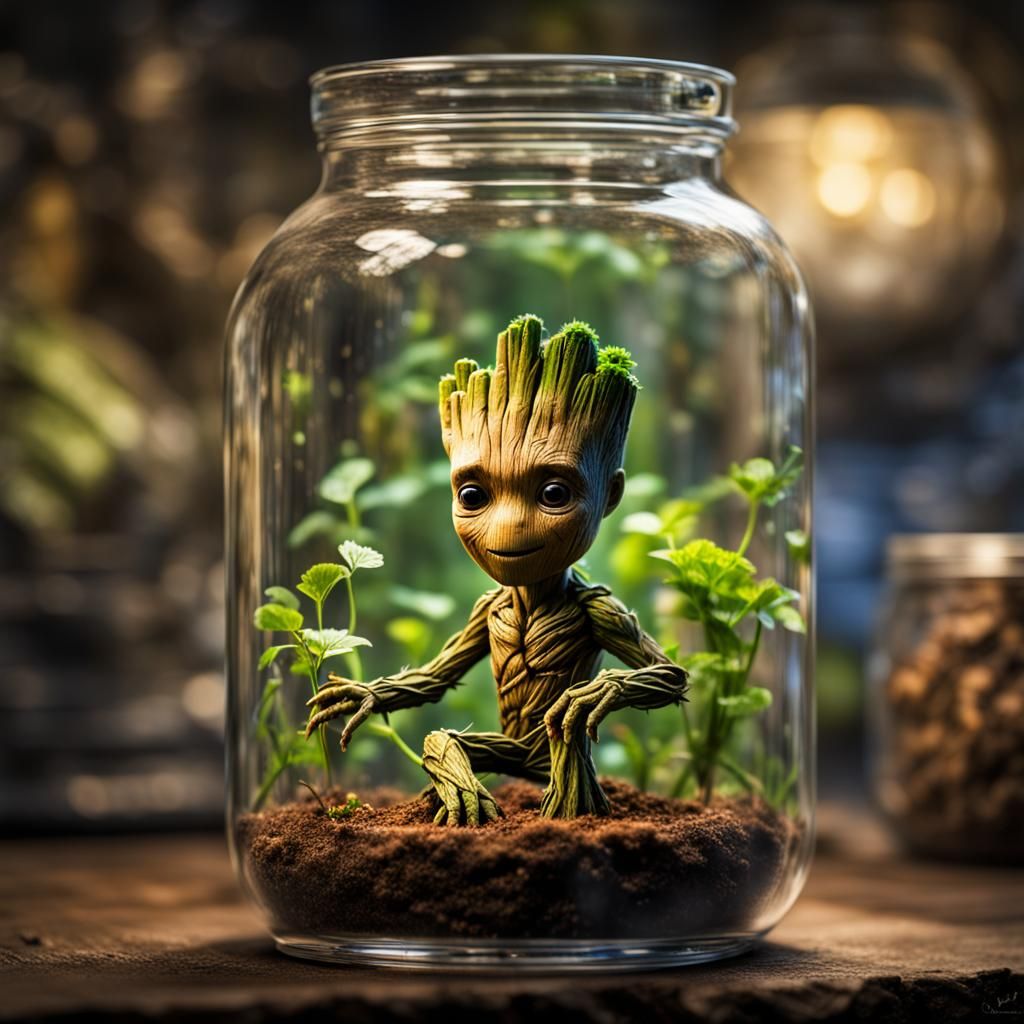 Baby Groot in Glass Jar: Hyperrealistic Image