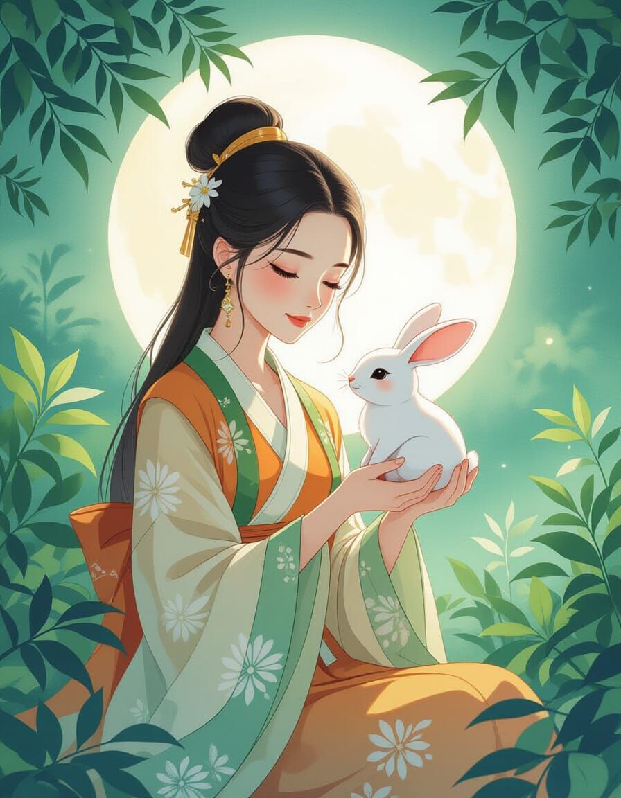 Thai Woman with Moon Rabbit in Ethereal Glow