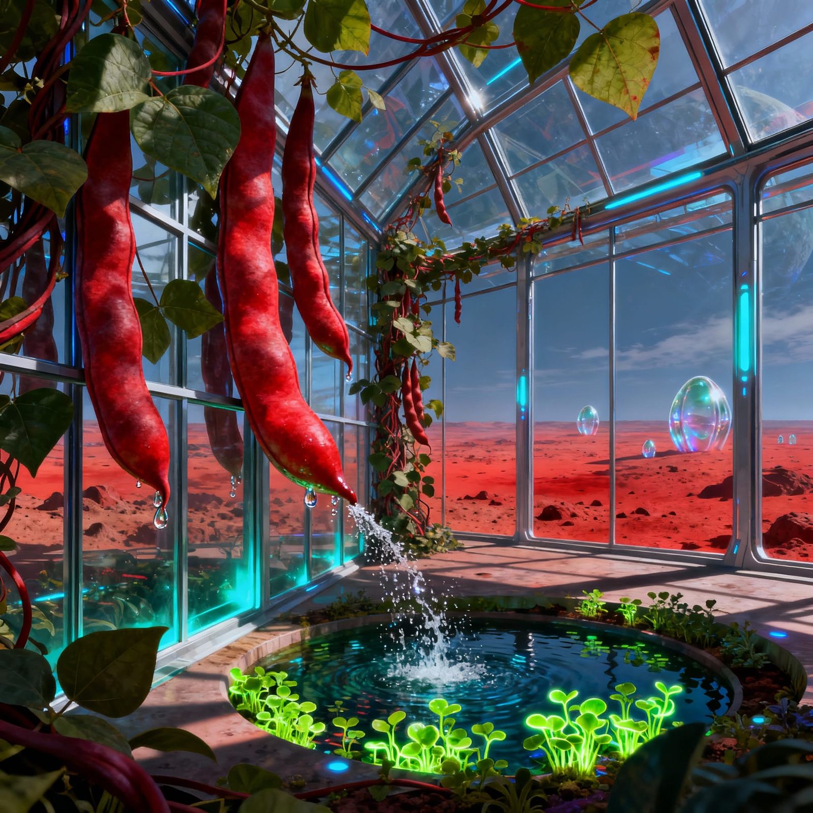 Vast Biodome on Mars with Lush Runner Beans
