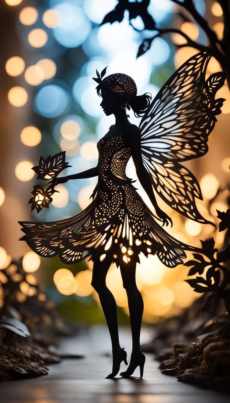 Featured silhouette of a young fairy walking on path to exotic place full body 3D leather paper cut layered paper fairy ...