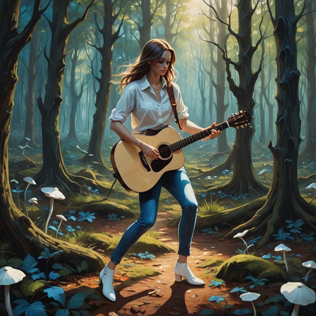 Guitarist in Eerie Forest, Oil Painting Style