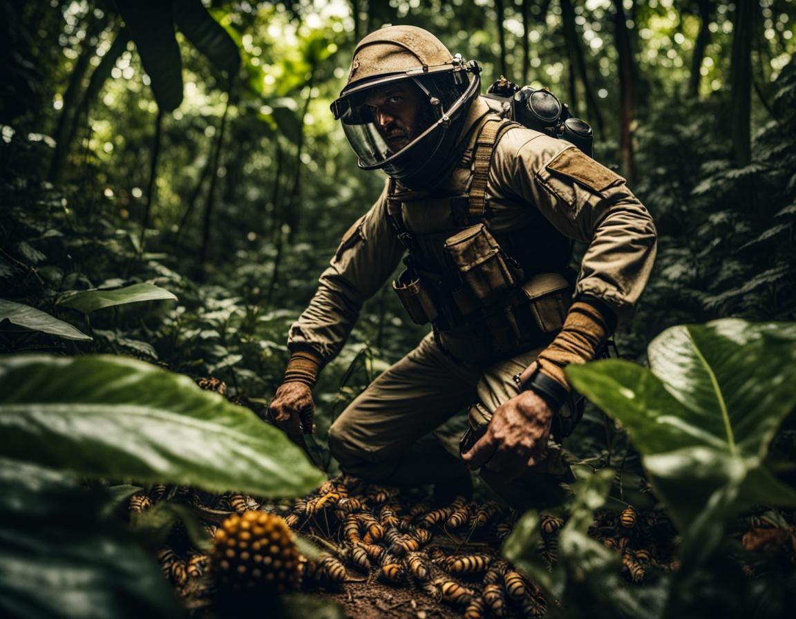 War Hero in Jungle with Giant Bees