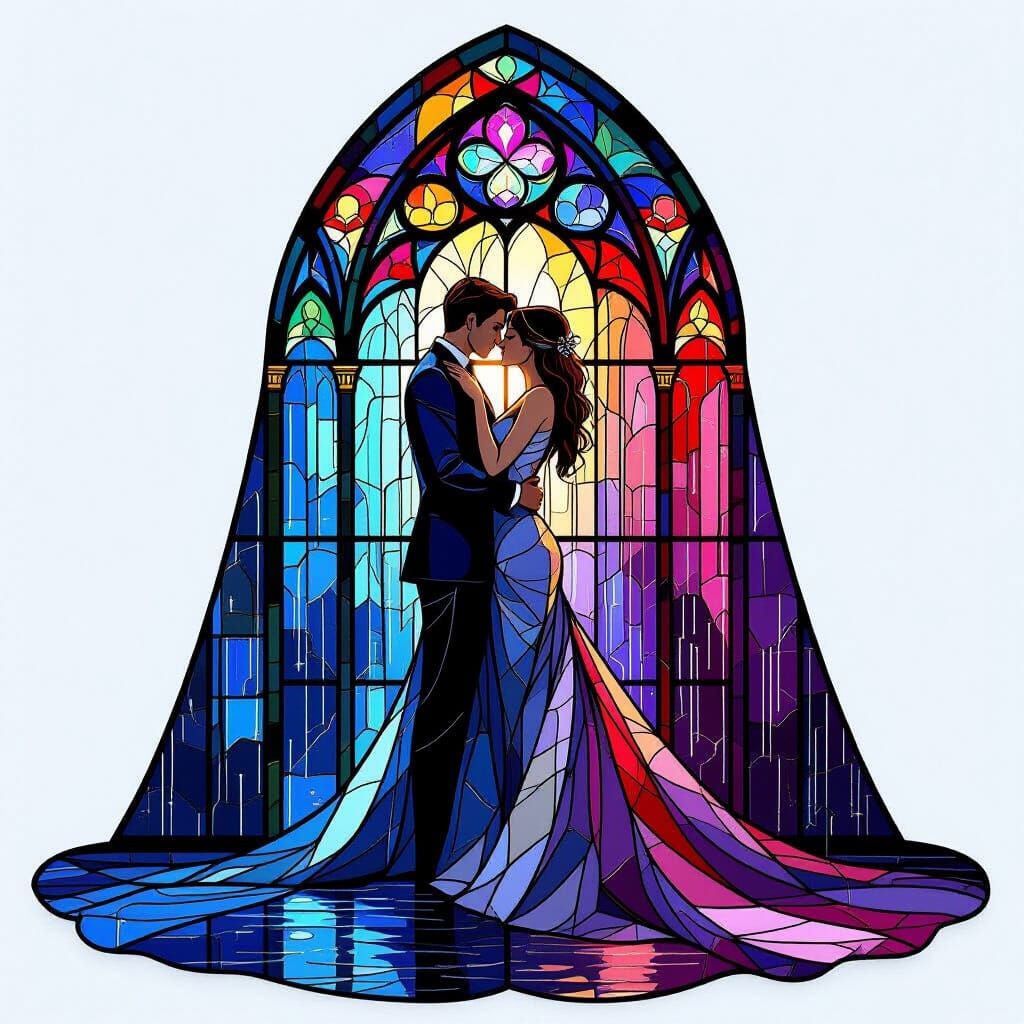 Stained-Glass Cathedral Gown with Embracing Lovers