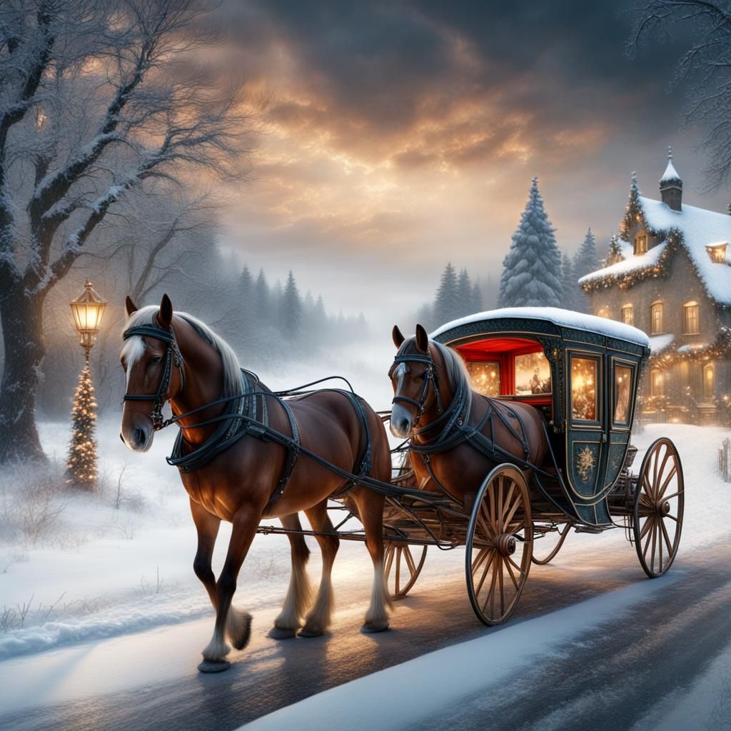 Christmas Horse Carriage on Snowy Road