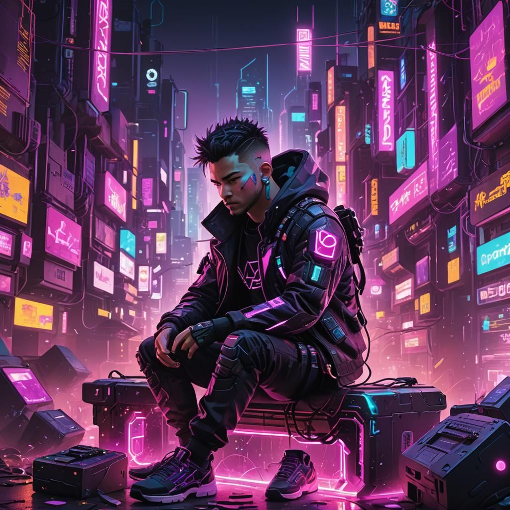 Cyberpunk Chibi Figure Amidst Digital Fragments