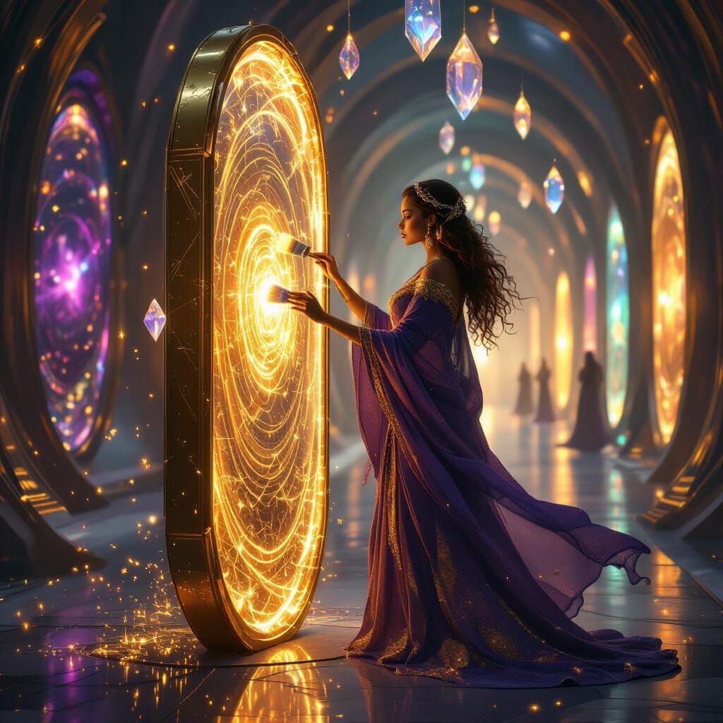 Celestial Woman Polishes Cosmic Portal with Stardust Brush